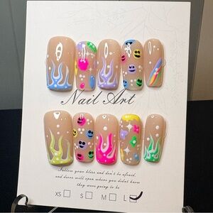 Neutral Base Press-On Nails with Neon Flame & Smile Designs